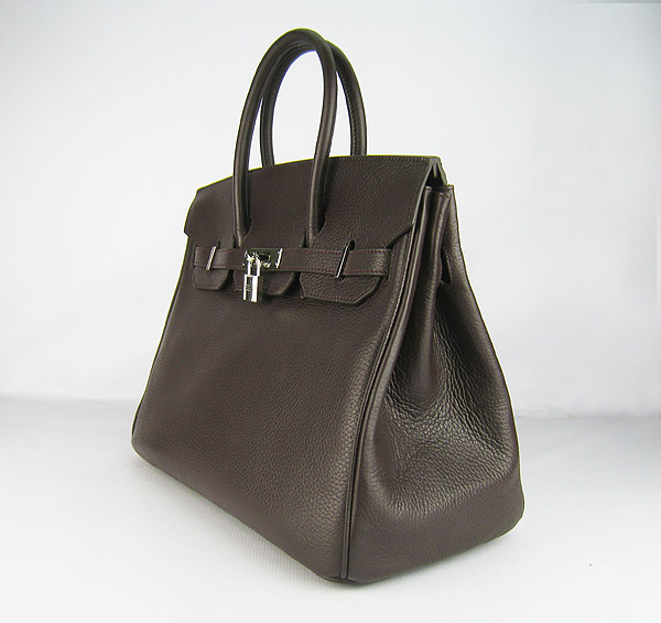 High Quality Fake Hermes 35CM Embossed Veins Leather Bag Dark Coffee 6089